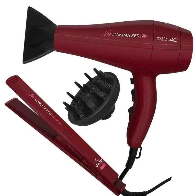 Kit Secador de Cabelo com Difusor e Prancha New Lumina Red 3D Bivolt